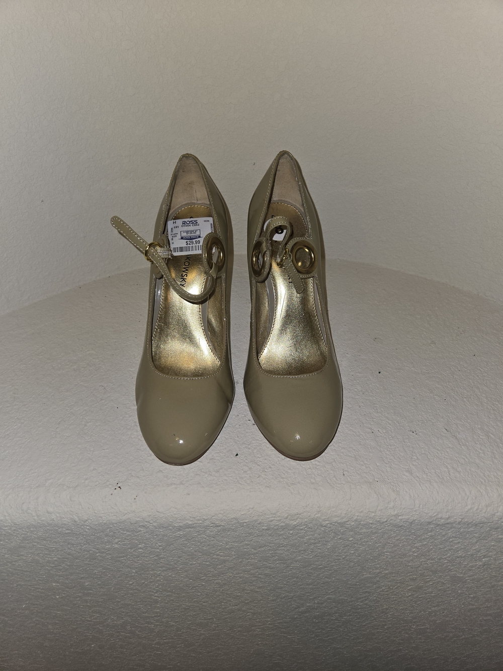 b. makowsky Nude Patent Mary Jane Pumps with Gold Buckle